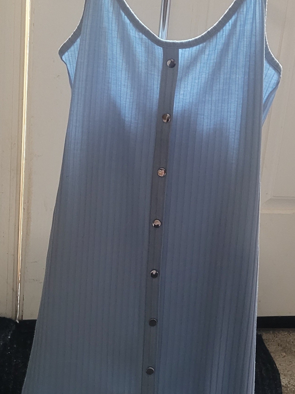 Button-Front Ribbed Tank Dress in Dusty Blue L